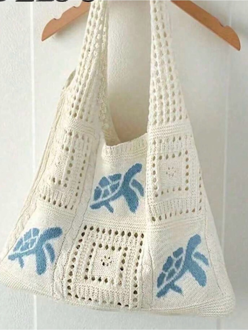 Cream Crochet Tote Bag with Blue Turtle Design